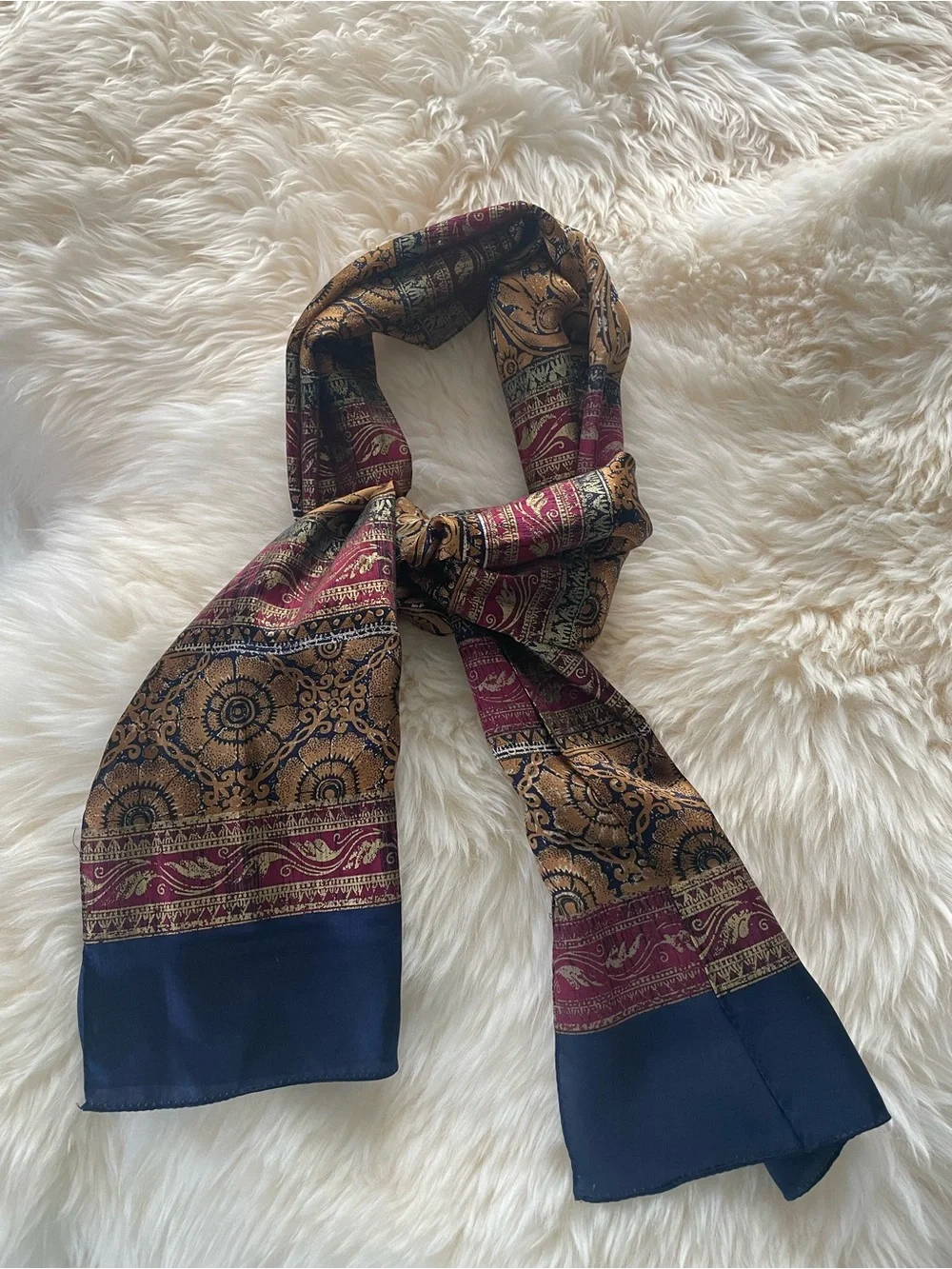 Vintage ECHO Silk Scarf Ornate Ethnic Tapestry Print Gold Burgundy Navy Blue